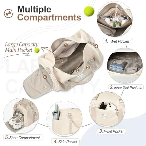 FIORETTO Womens Gym Sports Bag Travel Bag with Shoes Compartment & Wet Pocket, Weekend Overnight Duffle Hospital Bag Carry On Bag Holdall for Travel Swimming Beige — view 2