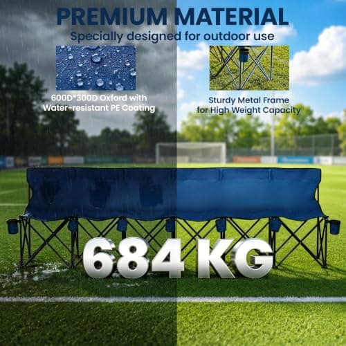 Outsunny 6 Seater Folding Bench Portable Chair Metal Frame Cup Holder Blue — view 6