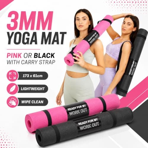 3mm Yoga Mat with Carry Strap, 173 x 61cm Lightweight Exercise Fitness Pilates Stretching Gym Mat, Pink or Black, Colour: Black — view 3