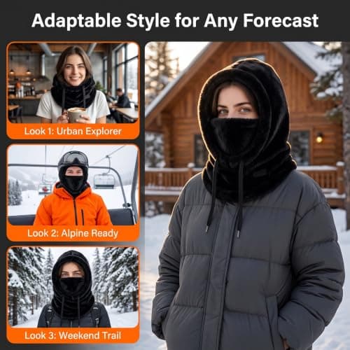 ZJEEACO Balaclava, 3 in 1 Beanie Hat, Snood for Women, Neck Warmer, Black Sherpa Fleece Windproof Winter Thermal Hat, Ladies Cold Weather Outdoor Ski Cycling Face Cover — view 3
