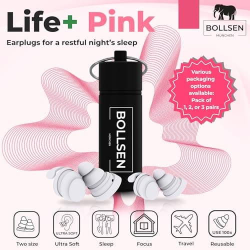 BOLLSEN Life+ Pink Edition Earplugs for Sleeping – Silicone Noise Cancelling Ear Plugs with 2 Sizes (S & M) – 24 dB SNR Noise Damping – Comfortable for Day & Night Wear – Durable & Reusable 100x (1) — view 2