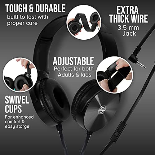 Classroom Headphones-Bulk 10-Pack, Student On Ear Comfy Swivel Earphones for Library, School, Airplane, Kids-for Online Learning and Travel, HQ Stereo Sound 3.5mm Jack (Black with Microphone) — view 3