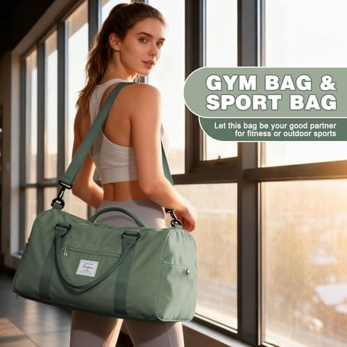 WEPLAN Gym Bag Womens Men Sports Fitness Bags Weekend Overnight Bag Travel Duffle Bags for Women with Shoes Compartment Wet Pocket,Holdall Hospital for Swimming Carry on Hand Luggag,A9-Gray Green — view 2
