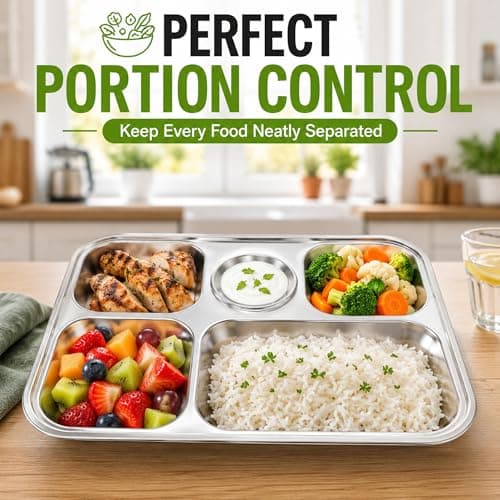 BMLIMITED BML Stainless Steel 5 Compartment Meal Tray Reusable Divided Plate with Sauce Section Portion Control Food Serving Tray for Adults Kids School Lunch Camping Picnic and Home Use — view 3