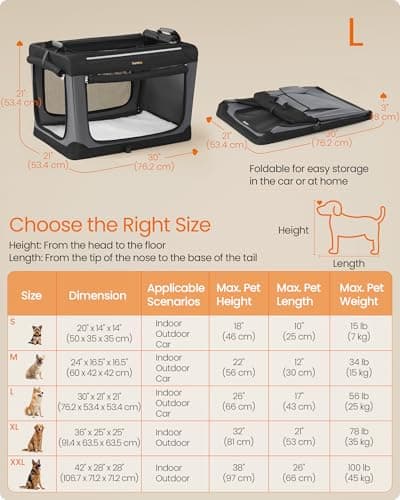 Feandrea Collapsible Dog Crate, Portable Pet Travel Crate for Medium Dogs, 76.2 x 53.4 x 53.4 cm, Oxford Fabric Pet Carrier with Mesh Doors, Storage Pocket, Ink Black PDC017B01 — view 6