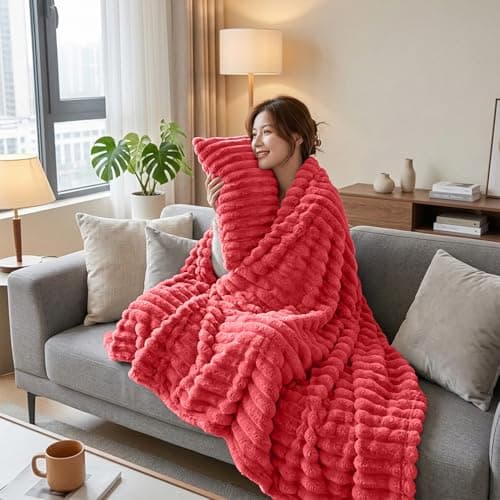 Casabella Throw Blanket - Ribbed Fleece Blanket - Soft Fluffy, Warm & Cosy Sofa Throw - Large Fleece Blanket for Sofa Bed, Couch, Bedding - King Size 200x240 - Red — view 4