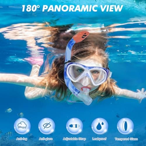 KUYOU Kids Snorkel Set Dry Top Snorkeling Gear,180°Panoramic Wide View Swimming Diving Mask for Kids Youth Boys Girls Junior Age 5-12 (Blue+White) — view 4