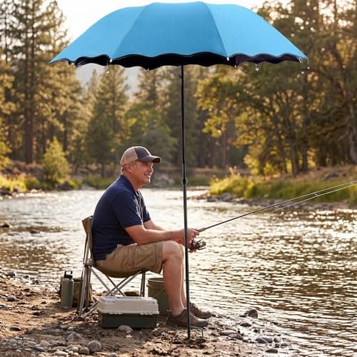 Ameble Folding Travel Rain Umbrella with UV Protection, Adjustable Height & Ground Stake Plant Umbrella for Garden, Fishing, Beach, Sun Shade, Blue — view 2