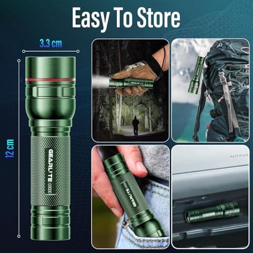 GEARLITE Rechargeable LED Torch, 2000LM Torches LED Super Bright with 3 Modes, Portable Small Torch with Battery, Waterproof Flashlight Zoomable for Power Cut, Emergency, Camping, Hiking- Green — view 6