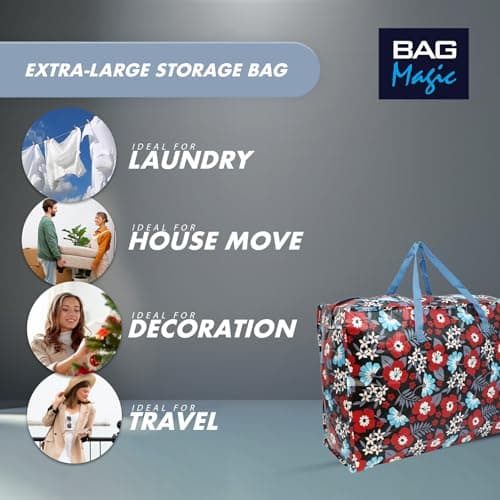Extra-Large 100L Storage & Shopping Bag – Heavy-Duty PVC Zip Holdall for Laundry, Moving, Travel & Home Organisation - Red Flower — view 2