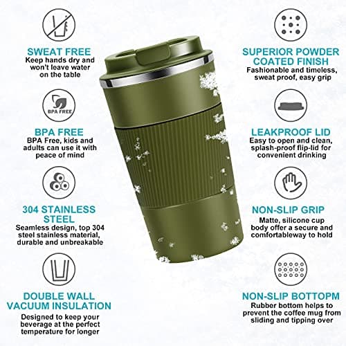 YINJOYI Travel Mug Reusable Coffee Cups Thermal Insulated Vacuum Insulation Stainless Steel Bottle for Hot Cold Drinks (Green, 510ml) — view 3