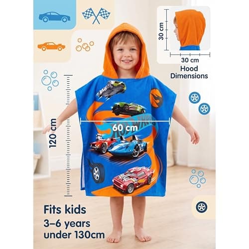 SRV Hub Hot Wheels Kids Hooded Towel Poncho 120x60cm | Boys Bathrobe for Swimming Pool, Surf & Beach | Soft Cotton Changing Towel for Ages 3-6 | Summer Car-Themed Fun — view 2