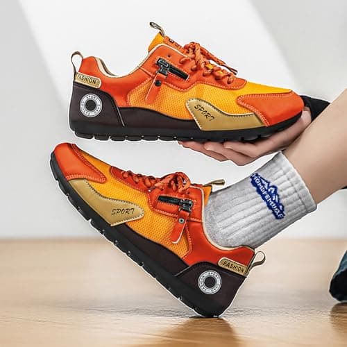 Mens Retro Colour Block Trainers Lace Up Low Top Round Toe Breathable Mesh Leather Upper Soft Cushioned Sole Lightweight Non Slip Easy On Off All Season Walking Shoes for Outdoor Hiking Travel Orange — view 5