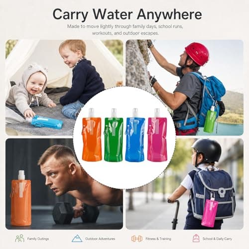 UMEGMBX 4 Pack Collapsible Water Bottle – Reusable 480ml Foldable Bottle with Clip – Lightweight for Hiking, Biking, Travel – 4 Colours — view 5