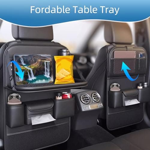 Primst 2 Pack Leather Car Backseat Organizer with Foldable Table Tray, Car Seat Back Protectors Kick Mats, Foldable Car Seat Organizer with Tablet Holder — view 4