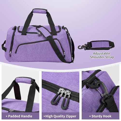 OLQI Gym Bag with Shoe Compartment & Wet Pockets for Men/Women,Sports Duffle Bags for Workout/Fitness/Travel (Purple, 20"x11"x11") — view 4