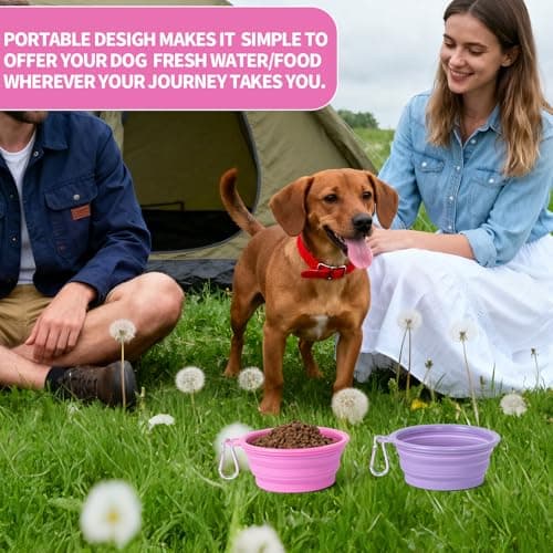 SLSON Collapsible Dog Bowl, 2 Pack Macaron Color Foldable Travel Dog Feeder Bowl Portable Silicone Pet Food Water Dish for Dogs Cats Camping Hiking (Macaron Rose and Violet) — view 5