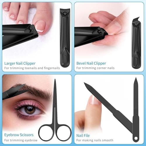 ESSBES Manicure Set 10 in 1 Stainless Steel Nail Clippers Scissors Tweezers Grooming Kit with Travel Case (Black) — view 5