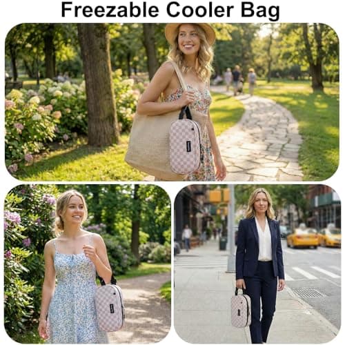 Saugnlbs Small Insulated Bag,Cool Bag Small,Mini Cool Bag,Freezable Lunch with 2 Ice Packs for Work School Travel,Freezable Snack Box for Adults,10“ x 4”x 5”Round,Gold-Grid — view 5