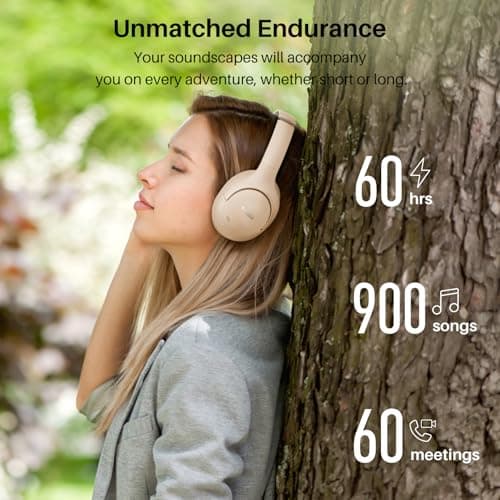 TOZO HT2 Hybrid Active Noise Cancelling Headphones, Wireless Over Ear Bluetooth Headset, 60H Playtime, Hi-Res Audio Custom EQ via App Deep Bass Comfort Fit Ear Cups, for Home Office Travel Khaki — view 5