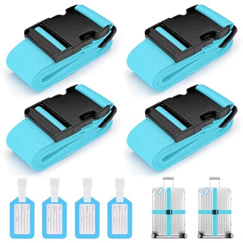 4 Pack Luggage Straps, Suitcase Belts Luggage Straps for Suitcases, Easy to Spot Suitcase Straps with Luggage Labels, Travel Accessories Band Luggage Belt for Baggage (4 Neon Blue)