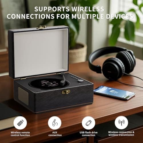 Yintiny Retro Portable CD Player with Bluetooth Connection, Leather Look — view 2