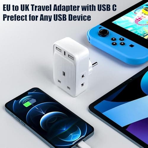 UK to European Plug Adaptor with 3 USB Ports(1 20W USB C Ports) and 2 Shaver Adapter Plug for Universal Shaver/Toothbrush, European Plug Adapter for Germany Spain Greece Iceland Poland etc (Type E/F) — view 5