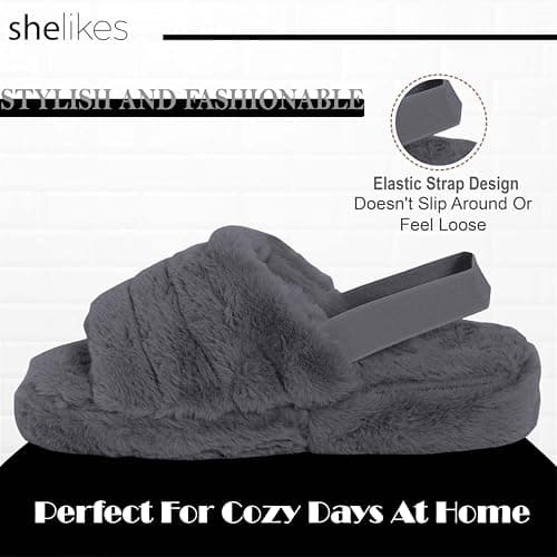 shelikes Womens Sliders Ladies Fluffy Faux Fur Peep Toe Warm Winter Slipper — view 3
