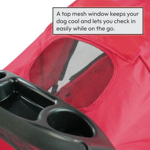 KCT Hooded Foldable Pet Dog Cat Stroller with Waterproof Rain Cover - Red - 4 Wheel Travel Carriage with Safety Leash, Canopy, Cup Holder, Storage Tray — view 5