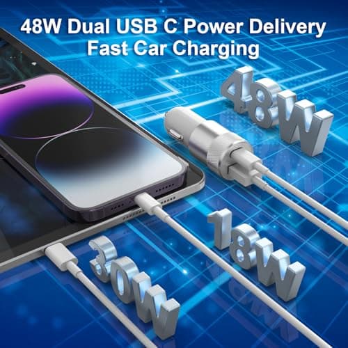Car Charger, 2Pack 48W Cigarette Lighter USB Charger with 3FT USB C Cable — view 3