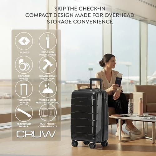 CRUW Hand Luggage 22" Expandable Lightweight Cabin Bag TSA Approved Lock, Silent Wheels Durable Polypropylene Luggage Suitcase Fits 56x45x25cm Overhead Carry On Limit for easyJet, BA & Jet2. — view 2
