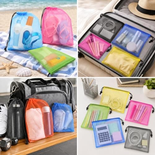 WYRGQIQN 10 Pack Multi-Coloured Drawstring Bags, Lightweight Nylon Mesh Storage Bags with Drawstring Closure, Reusable Gym Bags for Beach, Laundry, Sports Equipment, Toys and Travel Black — view 5