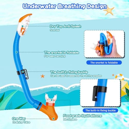 Snorkeling Gear for Kids with Foldable Silicone Full Dry Snorkel, Kids Snorkel Set Anti Leak Youth Junior Snorkeling Package Diving Mask Soft Tube with Mesh Bag Swimming Goggles, Blue+Orange — view 3