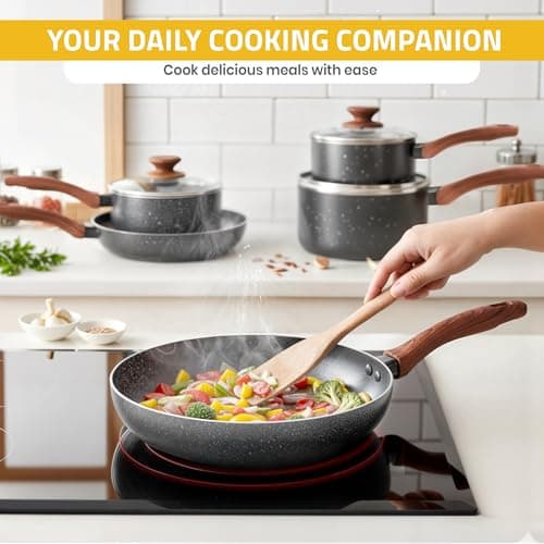 Kichly Non-Stick Granite 8 Pcs Cooking Pots and Pans Set Nonstick Cookware Induction Hob pan Set with 20cm, 28cm Frying Pan Set and 20cm,18cm & 16cm Saucepan Set with Lids (Grey) — view 6
