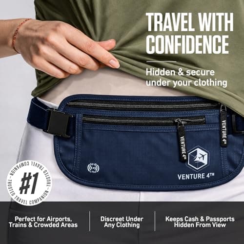 Venture 4TH Travel Money Belt - Slim Passport Holder RFID Blocking Travel Pouch to Protect Cash, Credit Cards and Travel Documents, Navy Blue, One Size, RFID Wallet — view 4