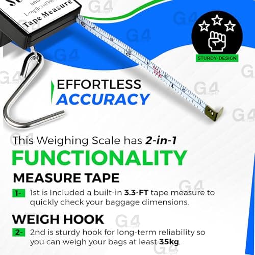 G4GADGET 2 Pack Luggage Scale – Portable Travel Suitcase Weighing Scale with 32kg Capacity & Built-in 1m Tape Measure – Handheld Mechanical Weight Scale for Baggage, Holiday & Airplane Travel Essentia — view 4