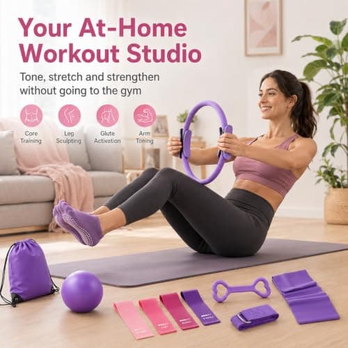 Purecas Home Pilates & Yoga Starter Kit for Women & Beginners | 9 Inch Exercise Ball, Resistance Bands, Pilates Ring, Ankle Straps | Essential Equipment Set for Core Workouts, Stretching — view 3