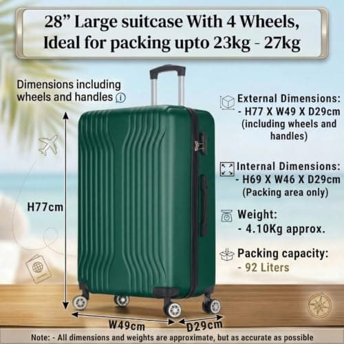 DK Luggage 28 Inch Large Hard Shell Suitcase 4 Wheel Spinner Checked Luggage, 23kg – 27kg Capacity ABS25 (Dark Green, 28" Large) — view 2