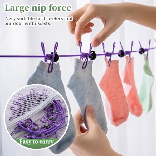 BODFPPC Travel Washing Line with 12 Clips, Portable Windproof Retractable Clothes Line Stretchy Elastic for Indoor Laundry Drying Clothesline,Outdoor Camping Accessories (Purple) — view 5