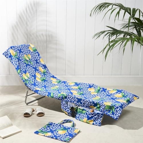 Brentfords Sun Lounger Towels with Pockets, Soft Quick-Dry Absorbent Large Beach Towel in a Bag Lightweight Lounger Towels For Travel Poolside or Beach Days, 75 x 215cm - Lemon Tile