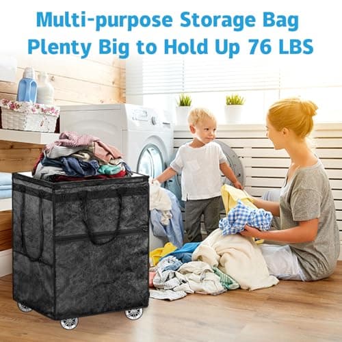 Rolling Tote Shopping Bags, Reusable Grocery Bag Collapsible Cart (Black) — view 3