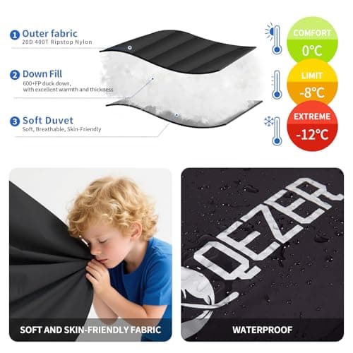 QEZER Down Sleeping Bag 4 Season, Lightweight Winter Sleeping Bag 0 Degree to -12 Degree C for Adults and Kid Camping, Hiking and Backpacking Outdoor Filled 600+FP Down (Black) — view 3