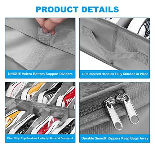Under Bed Shoe Storage Organiser Set of 2, Fits 32 Pairs Total, Underbed Shoe Box/ Containers w/ Reinforced Handles, Clear Foldable Organiser Adjustable Dividers w/ Bottom Support Velcro — view 5