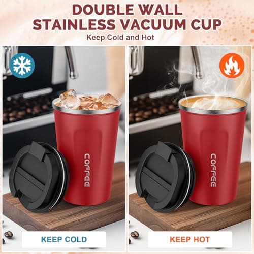 MOMSIV Coffee Cup, 380ml Stainless Steel Coffee Mug with Leak-Proof Lid, Insulated Vacuum Leakproof Travel Mug, Double-Walled Insulated Car Mug for Coffee, Tea Water (Red) — view 3
