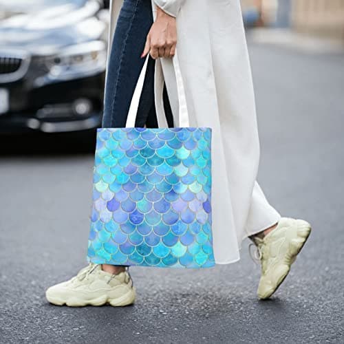 Reusable Starfish Coastal Wool Printing Tote Shopping Bag, Washable Tote Bag, Women'S Shoulder Bag, Gold Mermaid Scale, One Size — view 2