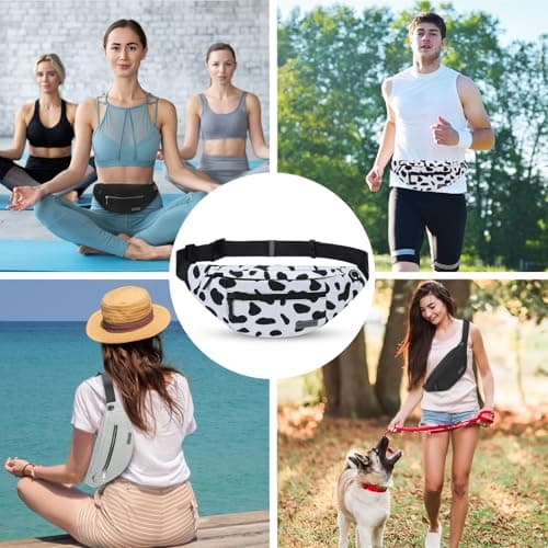 MAXTOP Large Bumbag Waist Fanny Pack Running Belt for Men Women Unisex Bum Bag with Headphone Jack and 4-Zipper Pockets Adjustable Belt for Travel Running Jogging Workout Hiking Gifts Cow Print White — view 6