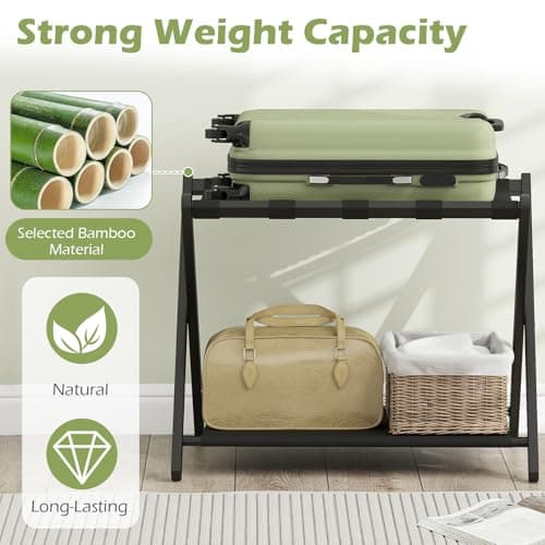 COSTWAY Bamboo Luggage Racks Set of 2, Folding Suitcase Stand with Straps and Oxford Cloth Storage Shelves, Portable Backpack Luggage Holder for Guest Room, Bedroom, Hotel, 68x46x53cm (Black) — view 2