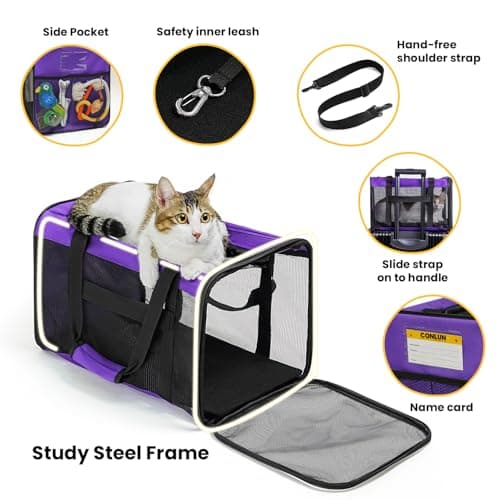 Conlun Cat Carrier Bag,Soft-Sided Pet Carriers for Dogs with 4-Sided Mesh,Airline Approved Cat Transport Carrier for Small&Medium Cats Kitten Puppy Up to 6Kg,Collapsible Cat Travel Carrier-M,Purple — view 5