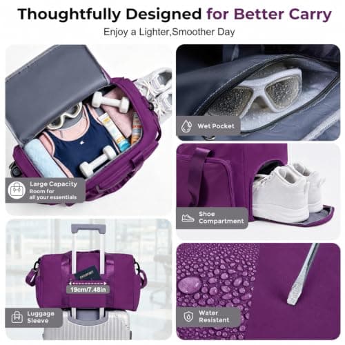 FIORETTO Womens Mens Sports Gym Bag Duffle Bag with Shoes Compartment, Weekend Travel Bag Overnight Bag for Women, Water Resistant Holdall Hospital Bag for Swimming Purple — view 4