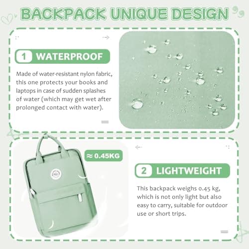 HYC00 Lightweight School Backpack Secondary Girls Boys School Bags for Teenager College Students Water Resistant Casual Travel Rucksack Bag for Women Men 14 inch Laptop Backpack Bookbag, Mint Green — view 5